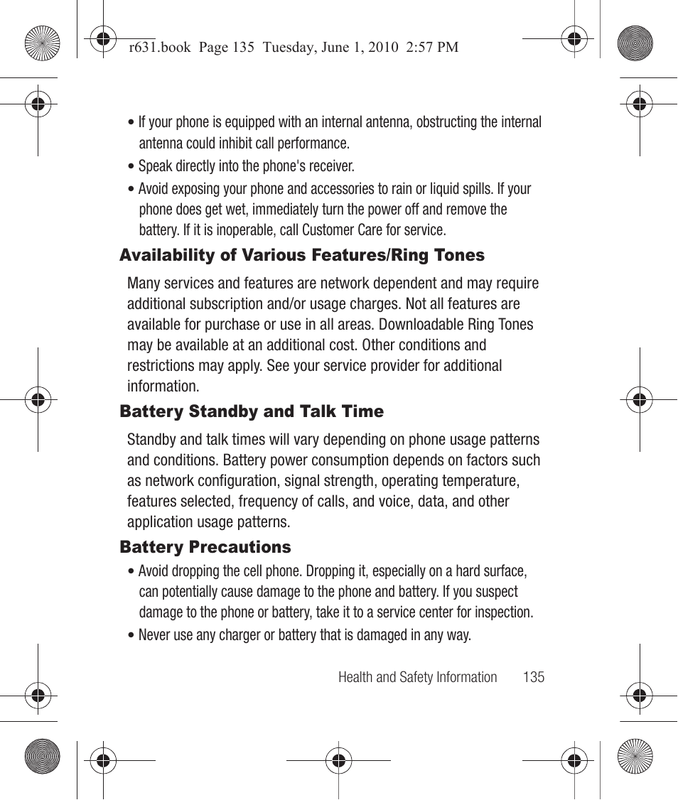 Availability of various features/ring tones, Battery standby and talk time, Battery precautions | Samsung SCH-R631LBAXAR User Manual | Page 139 / 165
