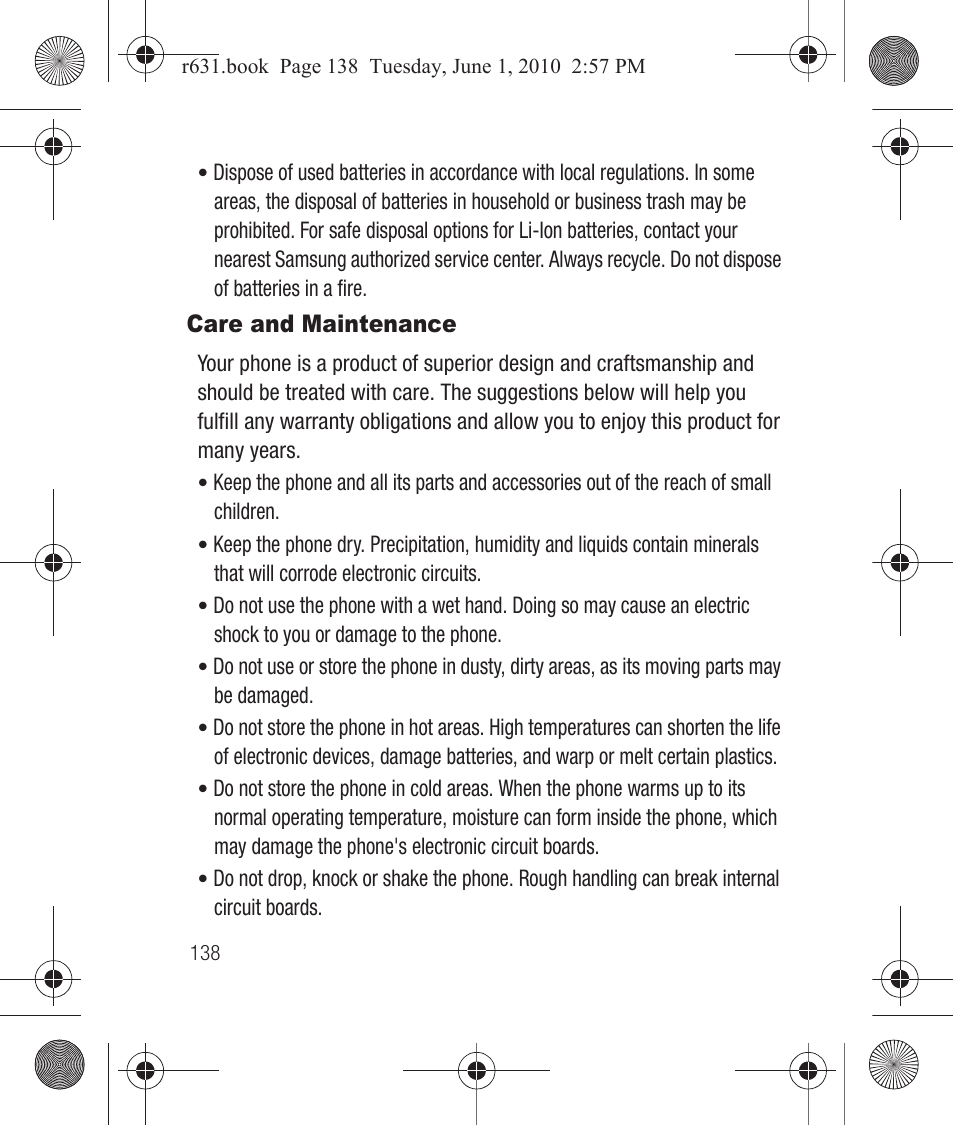 Care and maintenance | Samsung SCH-R631LBAXAR User Manual | Page 142 / 165