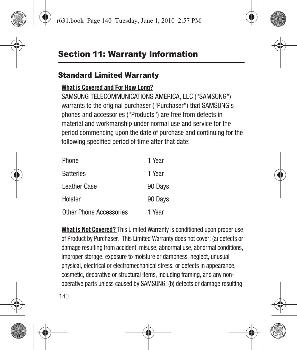 Section 11: warranty information, Standard limited warranty | Samsung SCH-R631LBAXAR User Manual | Page 144 / 165