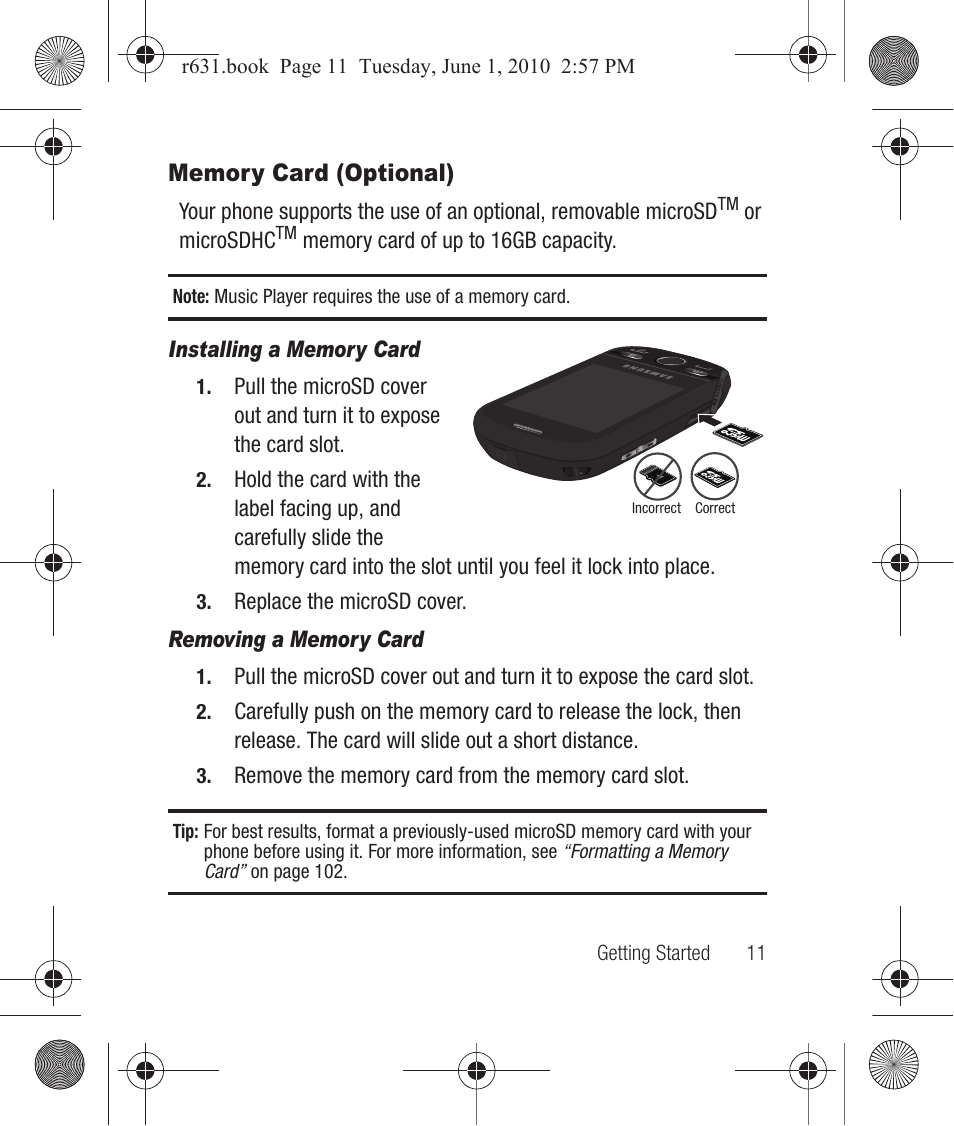 Memory card (optional), Installing a memory card, Removing a memory card | Samsung SCH-R631LBAXAR User Manual | Page 15 / 165