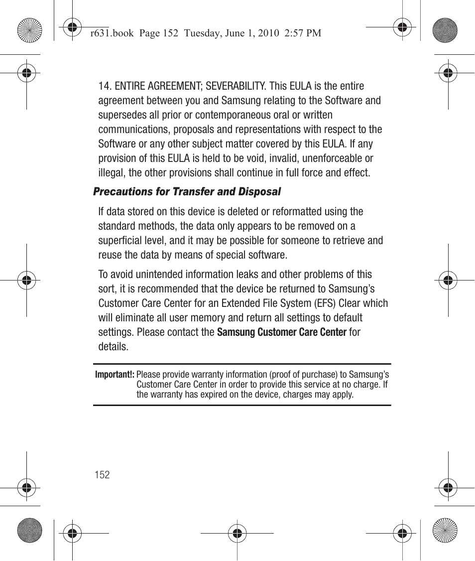 Precautions for transfer and disposal | Samsung SCH-R631LBAXAR User Manual | Page 156 / 165