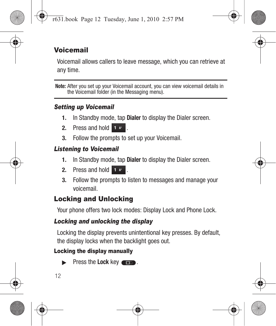 Voicemail, Setting up voicemail, Listening to voicemail | Locking and unlocking, Locking and unlocking the display, Locking the display manually, Voicemail locking and unlocking | Samsung SCH-R631LBAXAR User Manual | Page 16 / 165