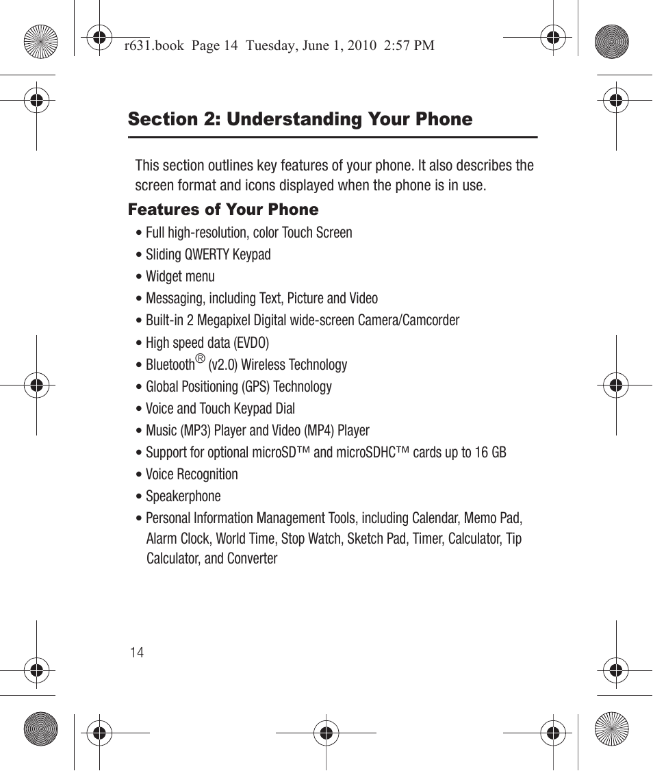 Section 2: understanding your phone, Features of your phone | Samsung SCH-R631LBAXAR User Manual | Page 18 / 165