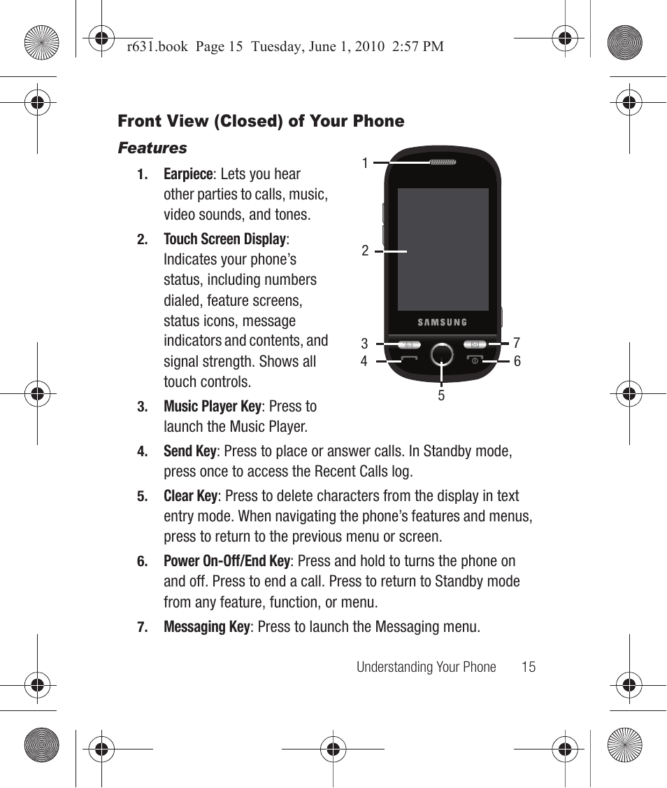 Front view (closed) of your phone, Features | Samsung SCH-R631LBAXAR User Manual | Page 19 / 165