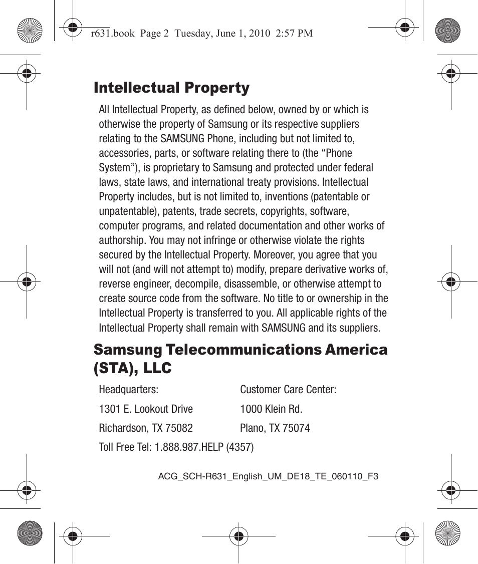 Intellectual property, Samsung telecommunications america (sta), llc | Samsung SCH-R631LBAXAR User Manual | Page 2 / 165