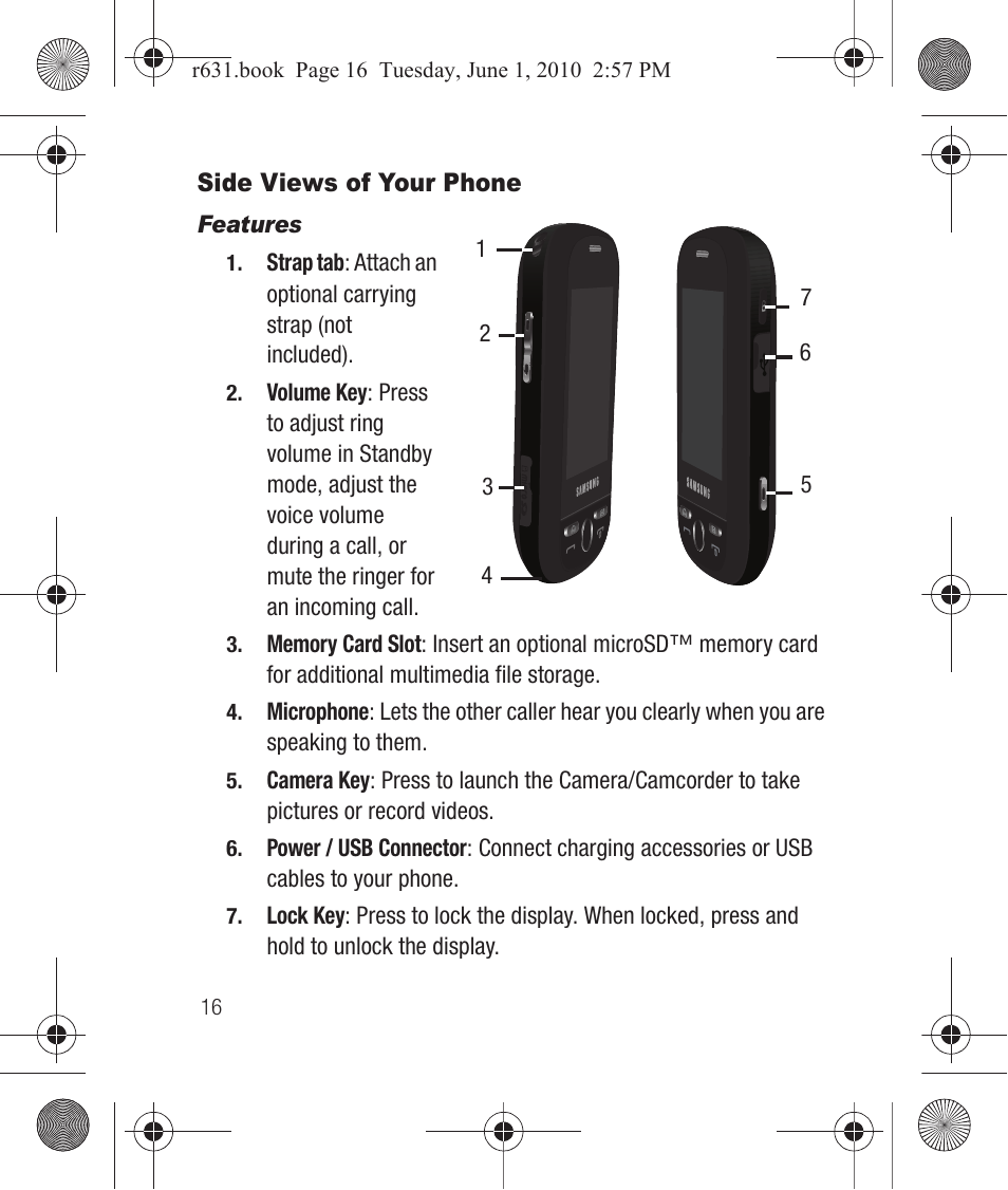 Side views of your phone, Features | Samsung SCH-R631LBAXAR User Manual | Page 20 / 165