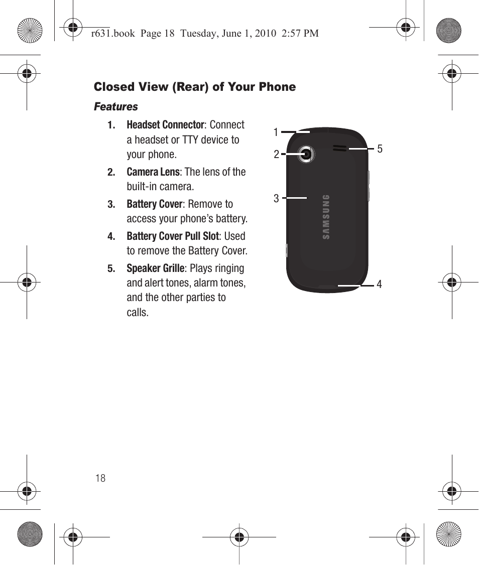 Closed view (rear) of your phone, Features | Samsung SCH-R631LBAXAR User Manual | Page 22 / 165