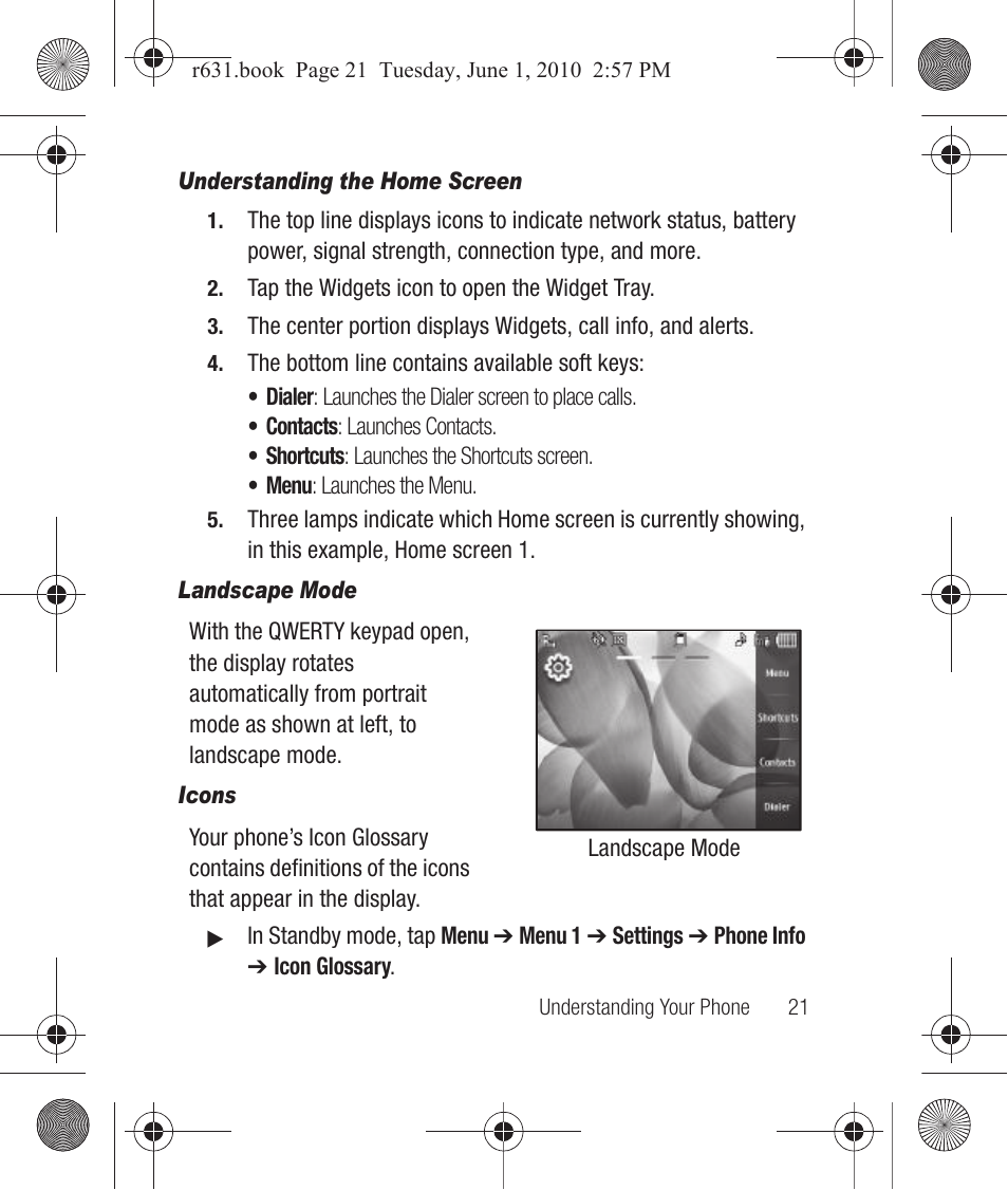 Understanding the home screen, Landscape mode, Icons | Samsung SCH-R631LBAXAR User Manual | Page 25 / 165