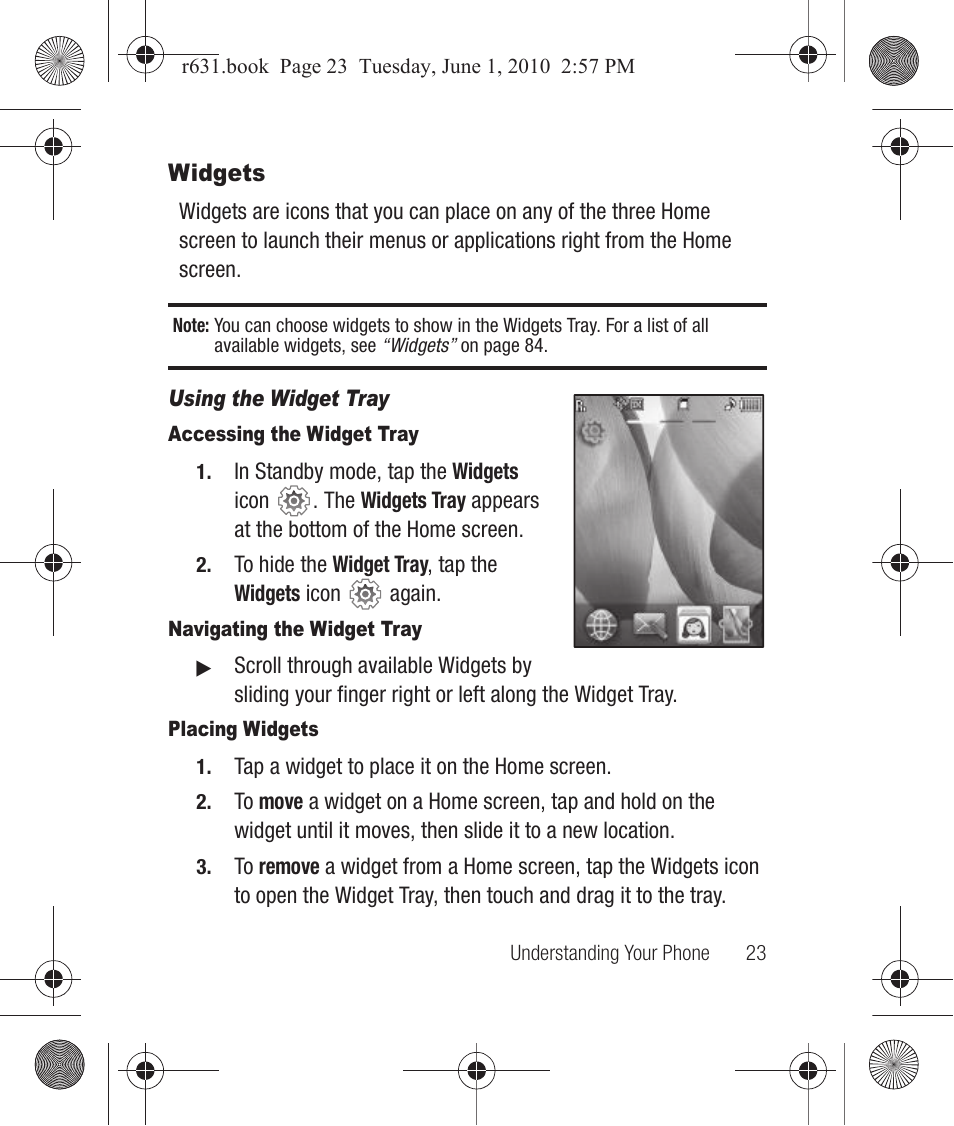 Widgets, Using the widget tray, Accessing the widget tray | Navigating the widget tray, Placing widgets | Samsung SCH-R631LBAXAR User Manual | Page 27 / 165