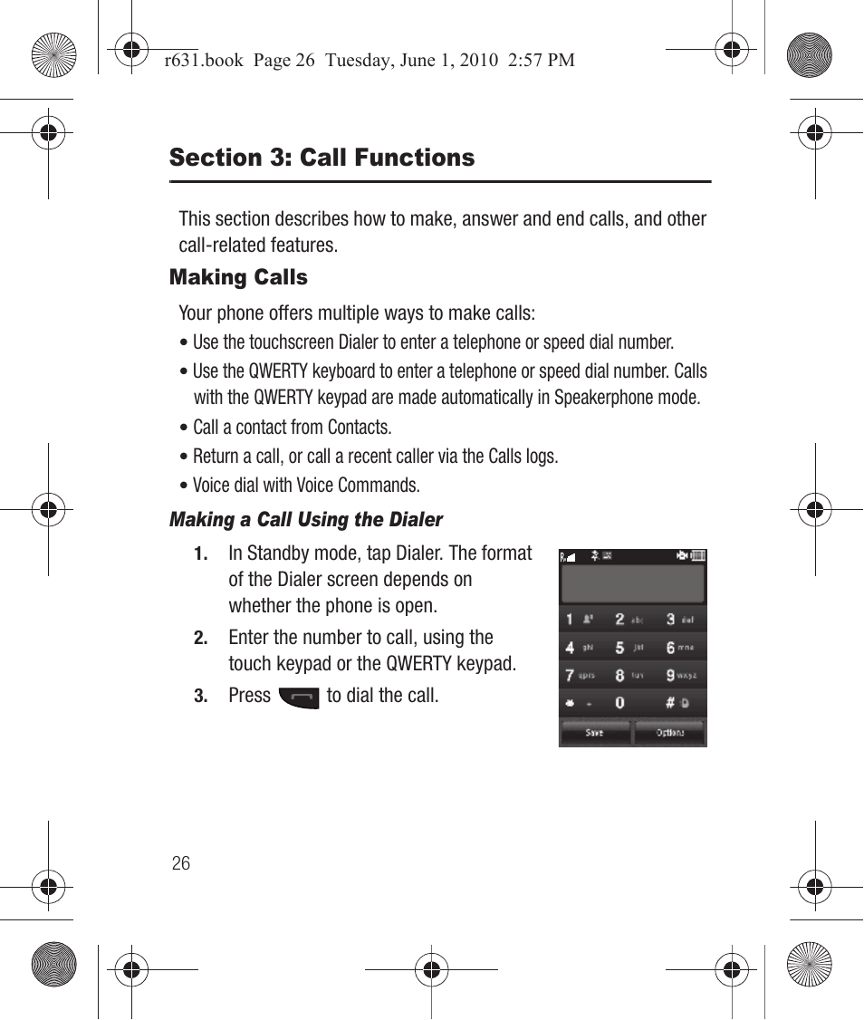 Section 3: call functions, Making calls, Making a call using the dialer | Samsung SCH-R631LBAXAR User Manual | Page 30 / 165