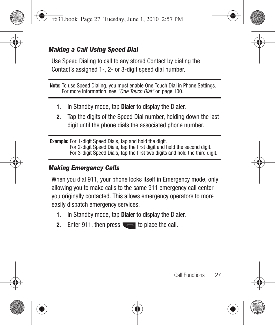 Making a call using speed dial, Making emergency calls | Samsung SCH-R631LBAXAR User Manual | Page 31 / 165