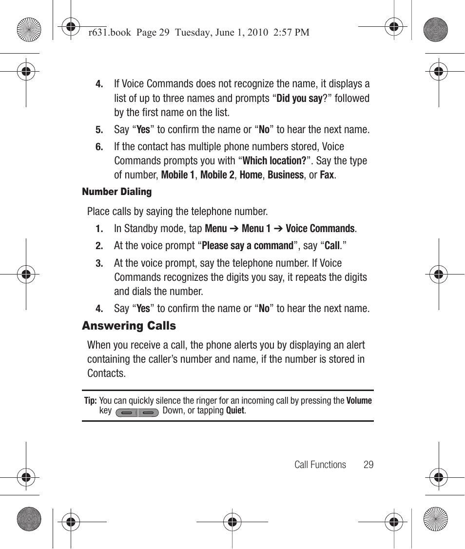 Number dialing, Answering calls | Samsung SCH-R631LBAXAR User Manual | Page 33 / 165