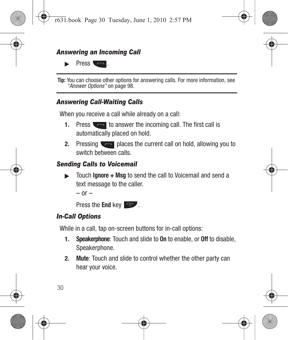 Answering an incoming call, Answering call-waiting calls, Sending calls to voicemail | In-call options | Samsung SCH-R631LBAXAR User Manual | Page 34 / 165