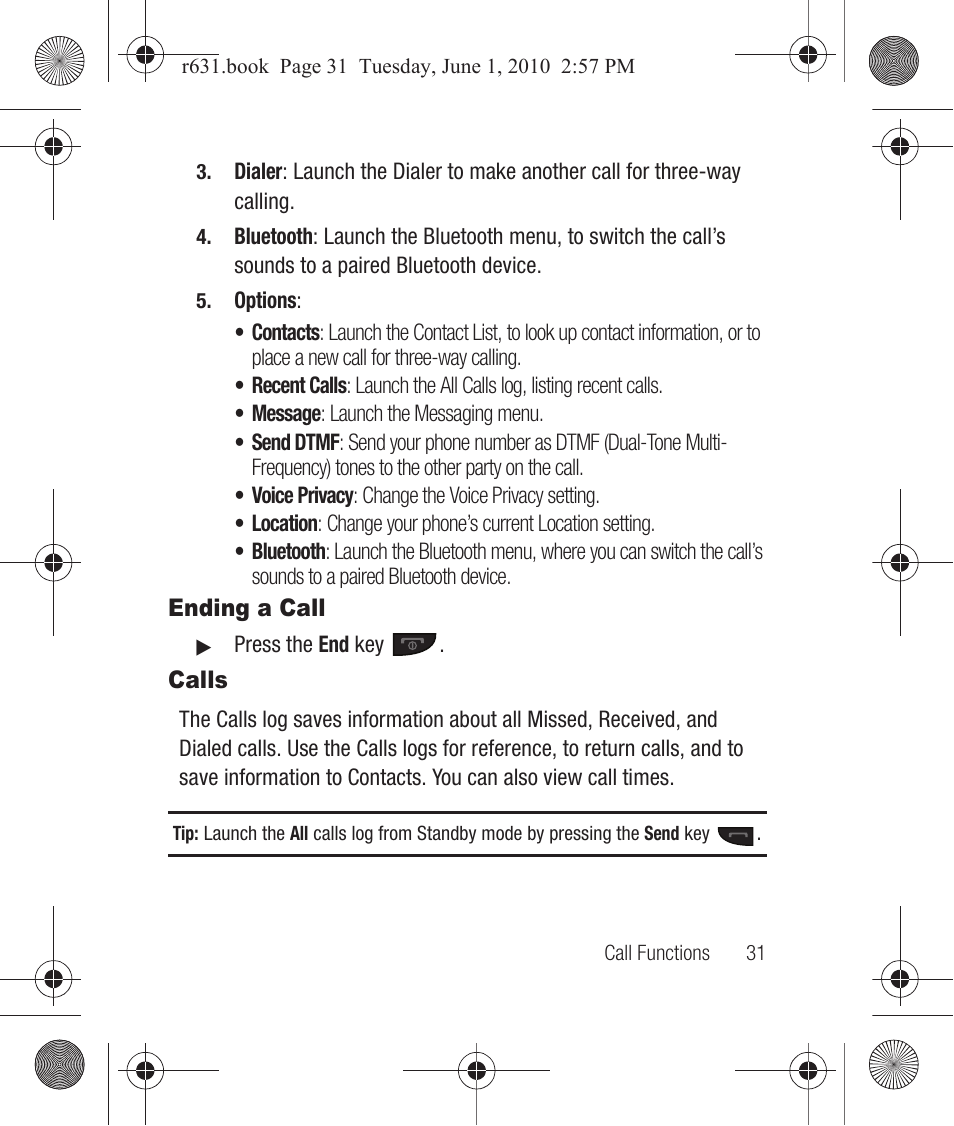 Ending a call, Calls, Ending a call calls | Samsung SCH-R631LBAXAR User Manual | Page 35 / 165