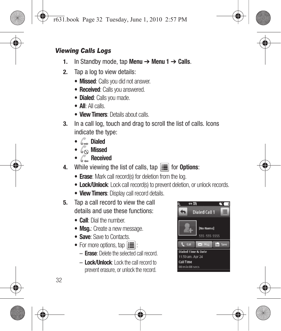 Viewing calls logs | Samsung SCH-R631LBAXAR User Manual | Page 36 / 165