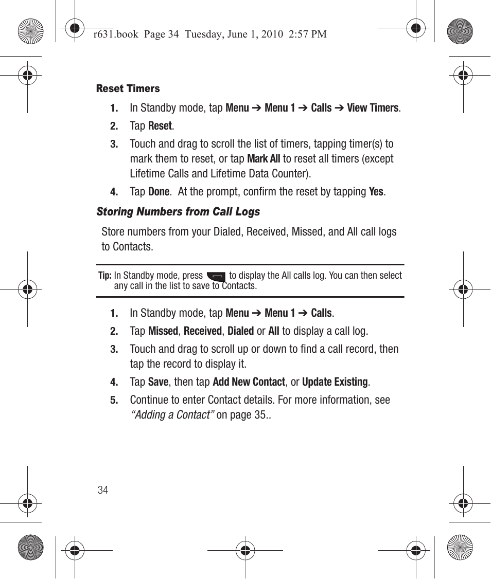 Reset timers, Storing numbers from call logs | Samsung SCH-R631LBAXAR User Manual | Page 38 / 165