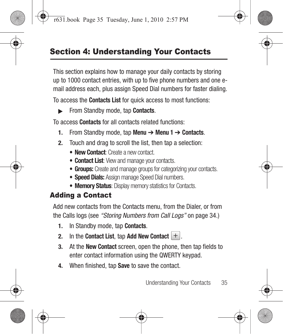 Section 4: understanding your contacts, Adding a contact | Samsung SCH-R631LBAXAR User Manual | Page 39 / 165