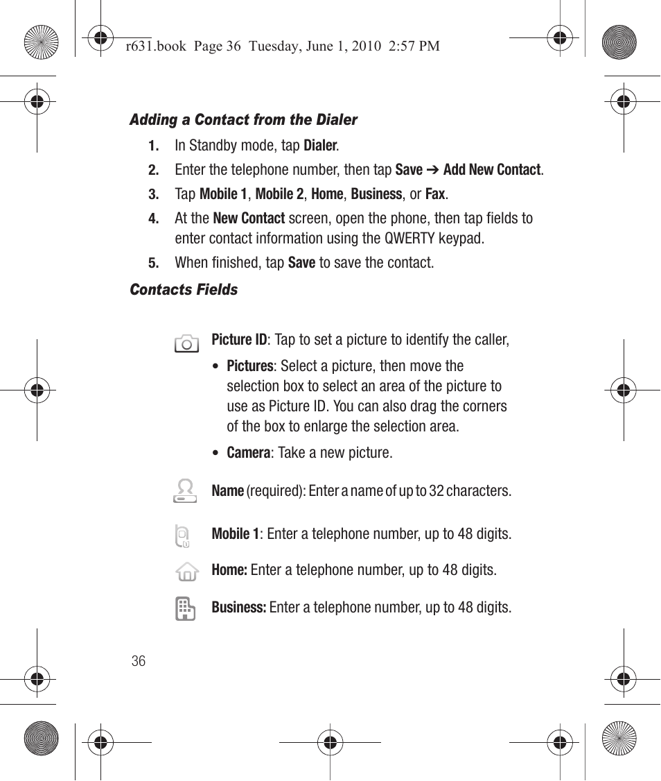 Adding a contact from the dialer, Contacts fields | Samsung SCH-R631LBAXAR User Manual | Page 40 / 165