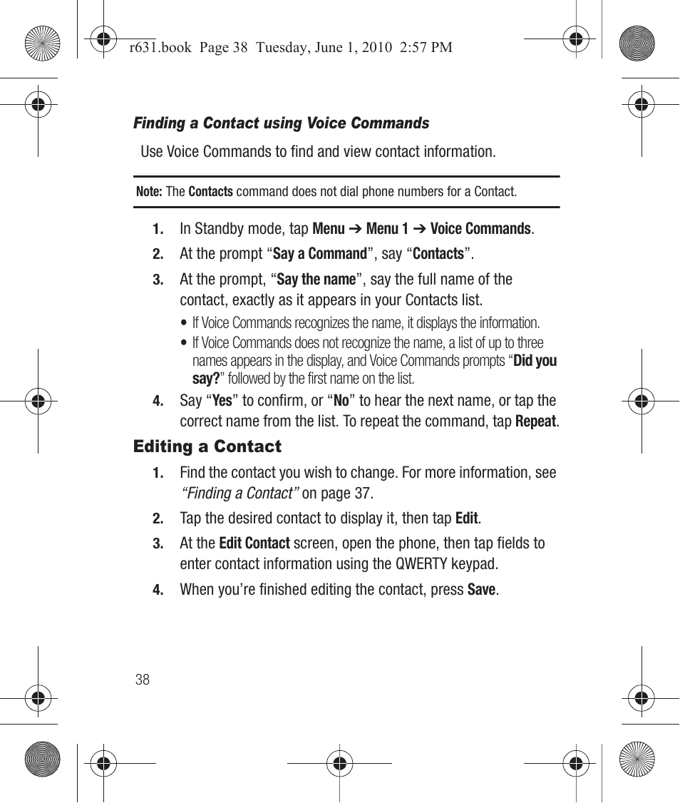 Finding a contact using voice commands, Editing a contact | Samsung SCH-R631LBAXAR User Manual | Page 42 / 165