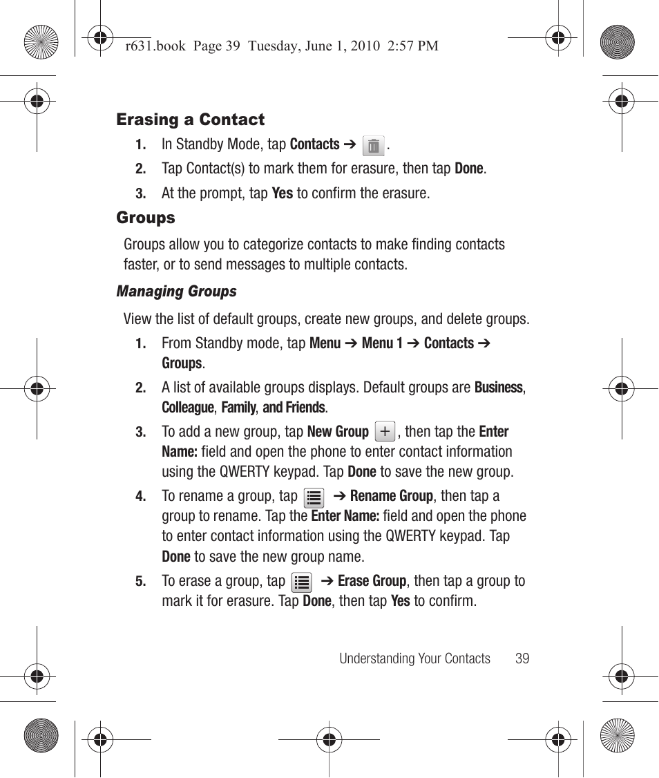 Erasing a contact, Groups, Managing groups | Erasing a contact groups | Samsung SCH-R631LBAXAR User Manual | Page 43 / 165