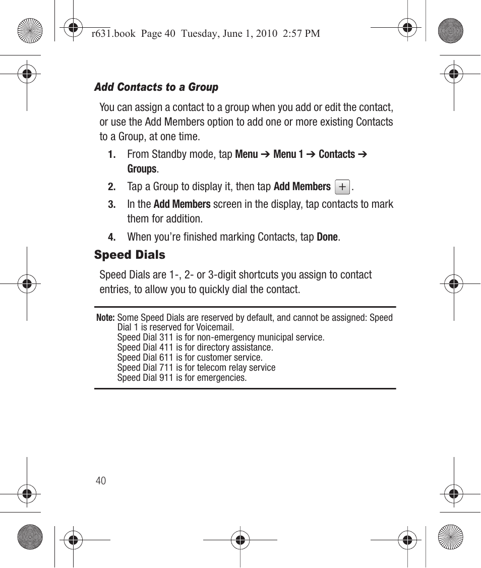 Add contacts to a group, Speed dials | Samsung SCH-R631LBAXAR User Manual | Page 44 / 165