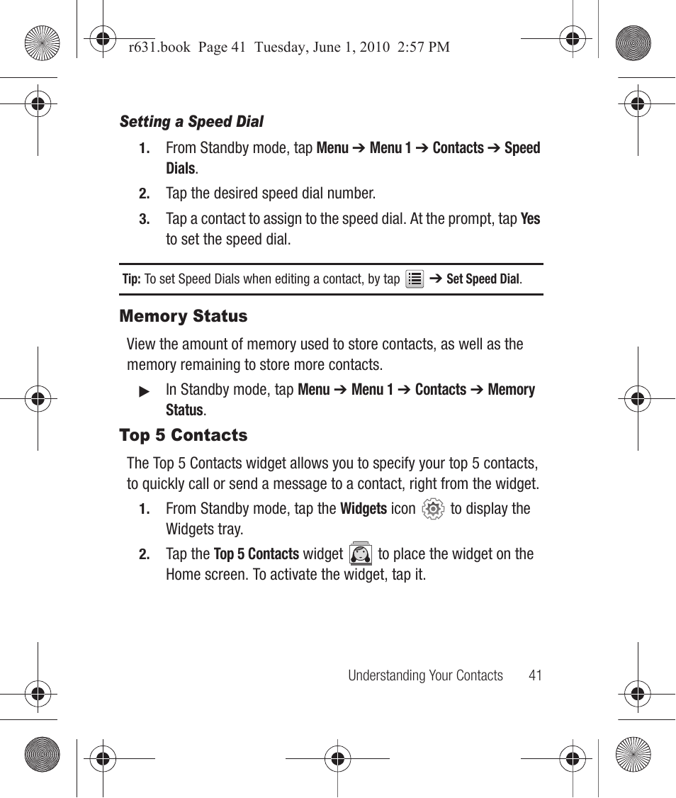 Setting a speed dial, Memory status, Top 5 contacts | Memory status top 5 contacts | Samsung SCH-R631LBAXAR User Manual | Page 45 / 165