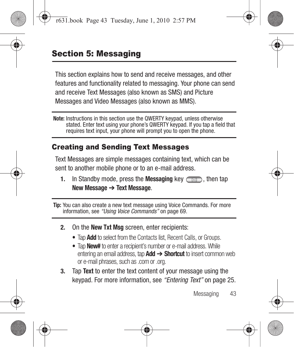 Section 5: messaging, Creating and sending text messages | Samsung SCH-R631LBAXAR User Manual | Page 47 / 165