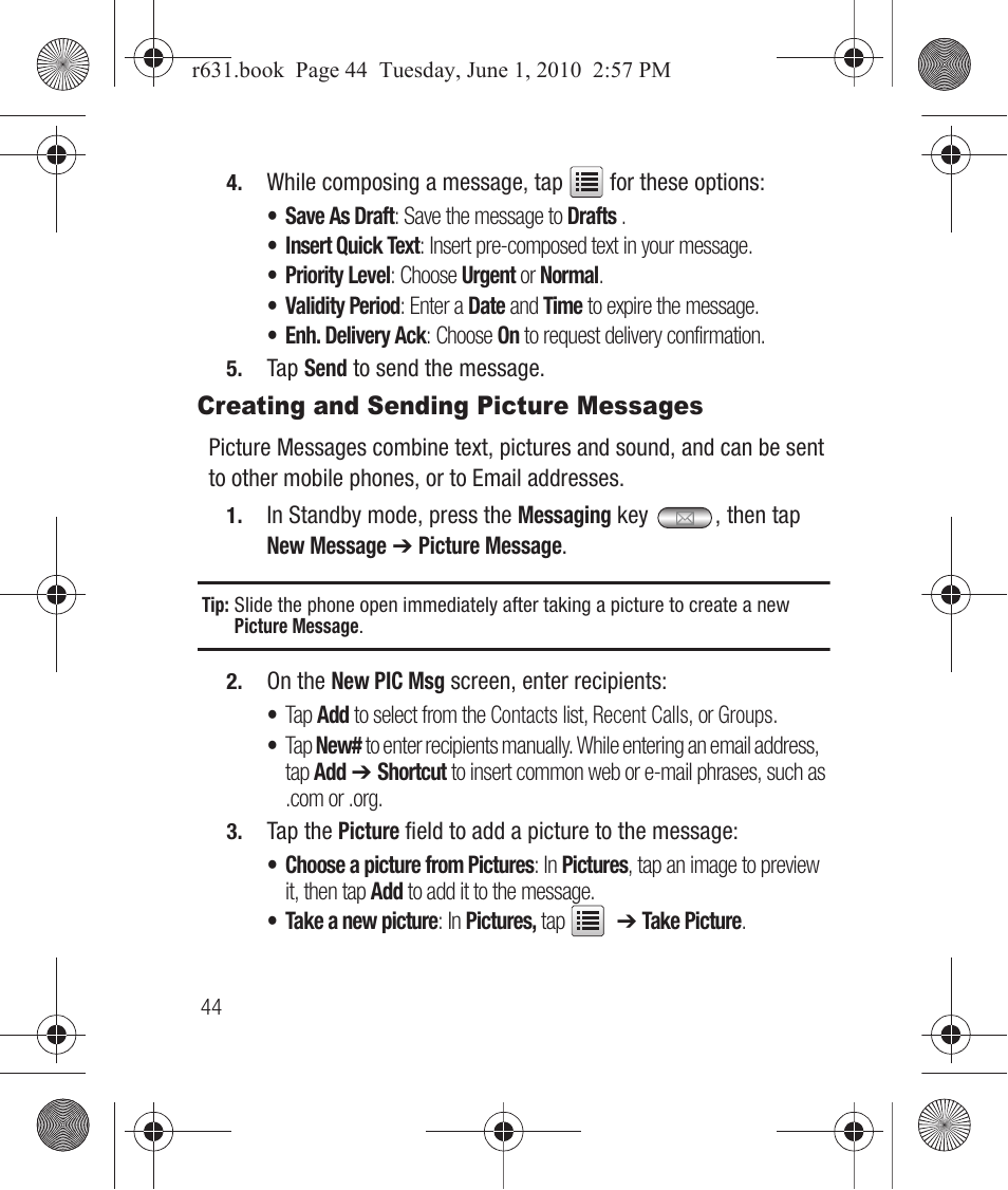 Creating and sending picture messages | Samsung SCH-R631LBAXAR User Manual | Page 48 / 165
