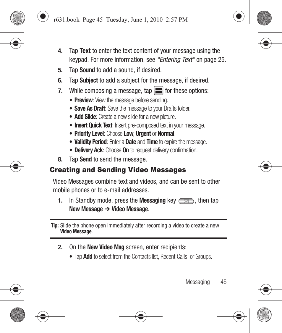 Creating and sending video messages | Samsung SCH-R631LBAXAR User Manual | Page 49 / 165