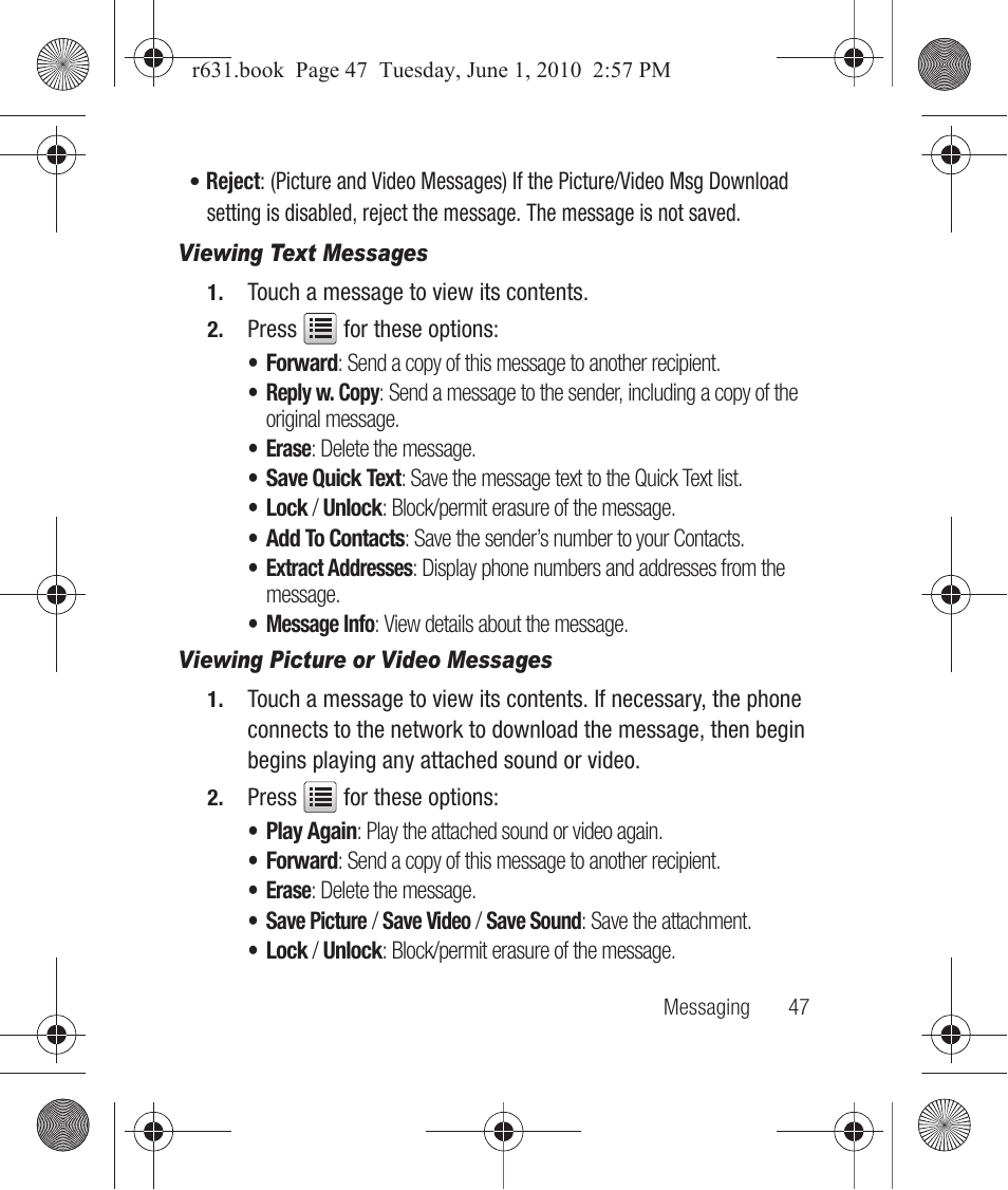 Viewing text messages, Viewing picture or video messages | Samsung SCH-R631LBAXAR User Manual | Page 51 / 165