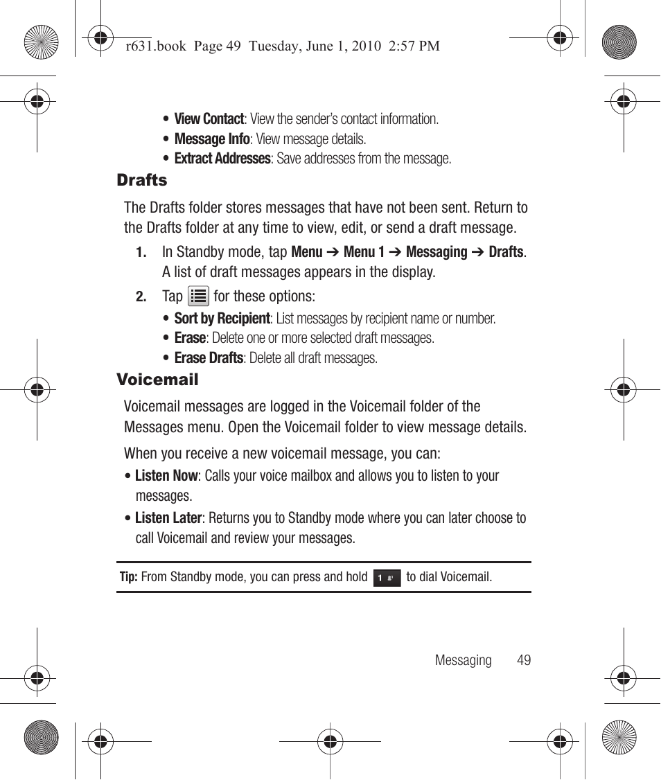 Drafts, Voicemail, Drafts voicemail | Samsung SCH-R631LBAXAR User Manual | Page 53 / 165