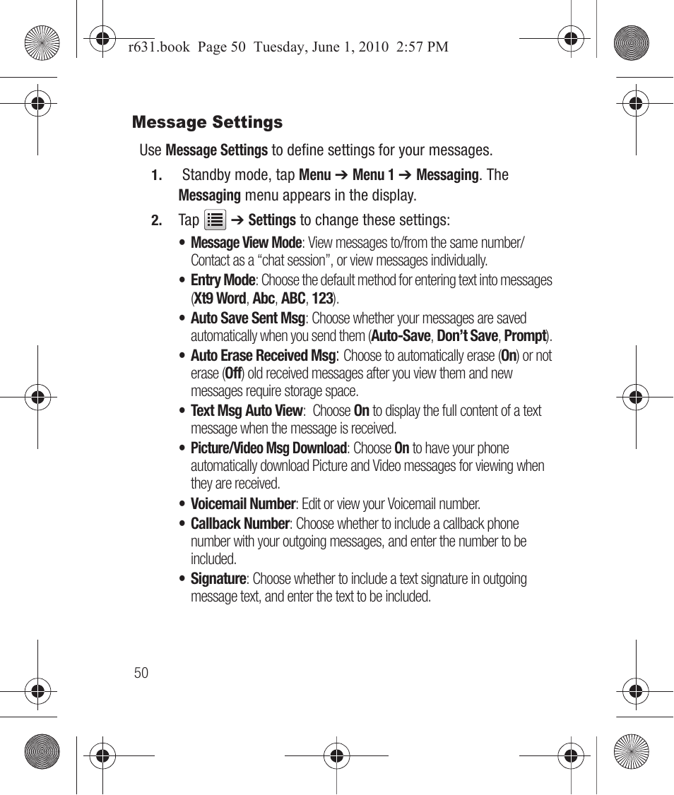 Message settings | Samsung SCH-R631LBAXAR User Manual | Page 54 / 165