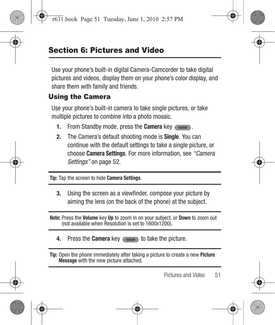 Section 6: pictures and video, Using the camera | Samsung SCH-R631LBAXAR User Manual | Page 55 / 165