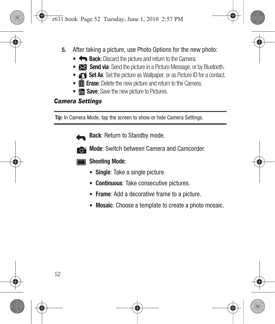 Camera settings | Samsung SCH-R631LBAXAR User Manual | Page 56 / 165