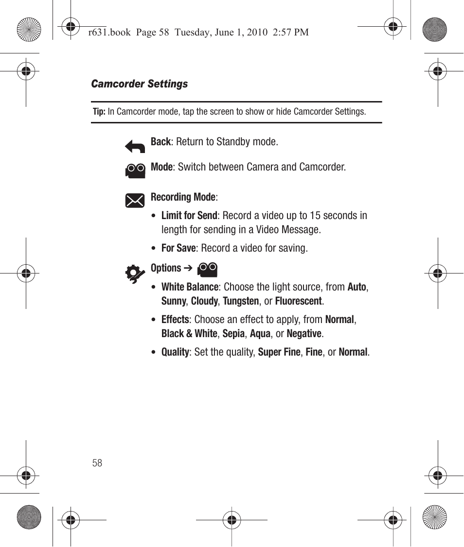 Camcorder settings | Samsung SCH-R631LBAXAR User Manual | Page 62 / 165