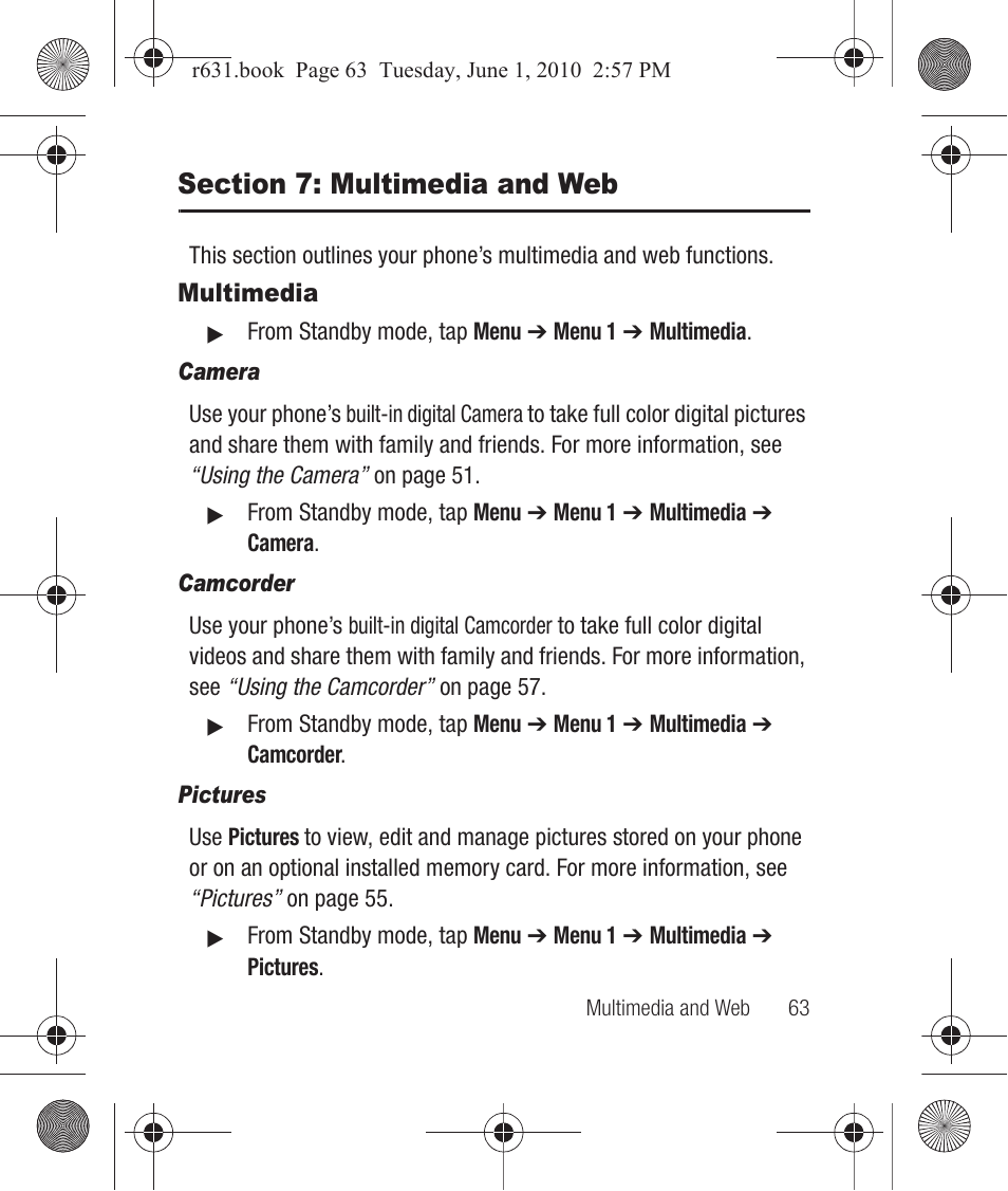 Section 7: multimedia and web, Multimedia, Camera | Camcorder, Pictures | Samsung SCH-R631LBAXAR User Manual | Page 67 / 165