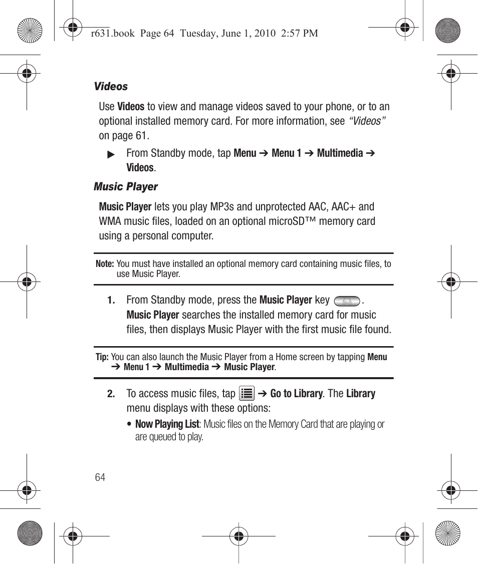 Videos, Music player | Samsung SCH-R631LBAXAR User Manual | Page 68 / 165