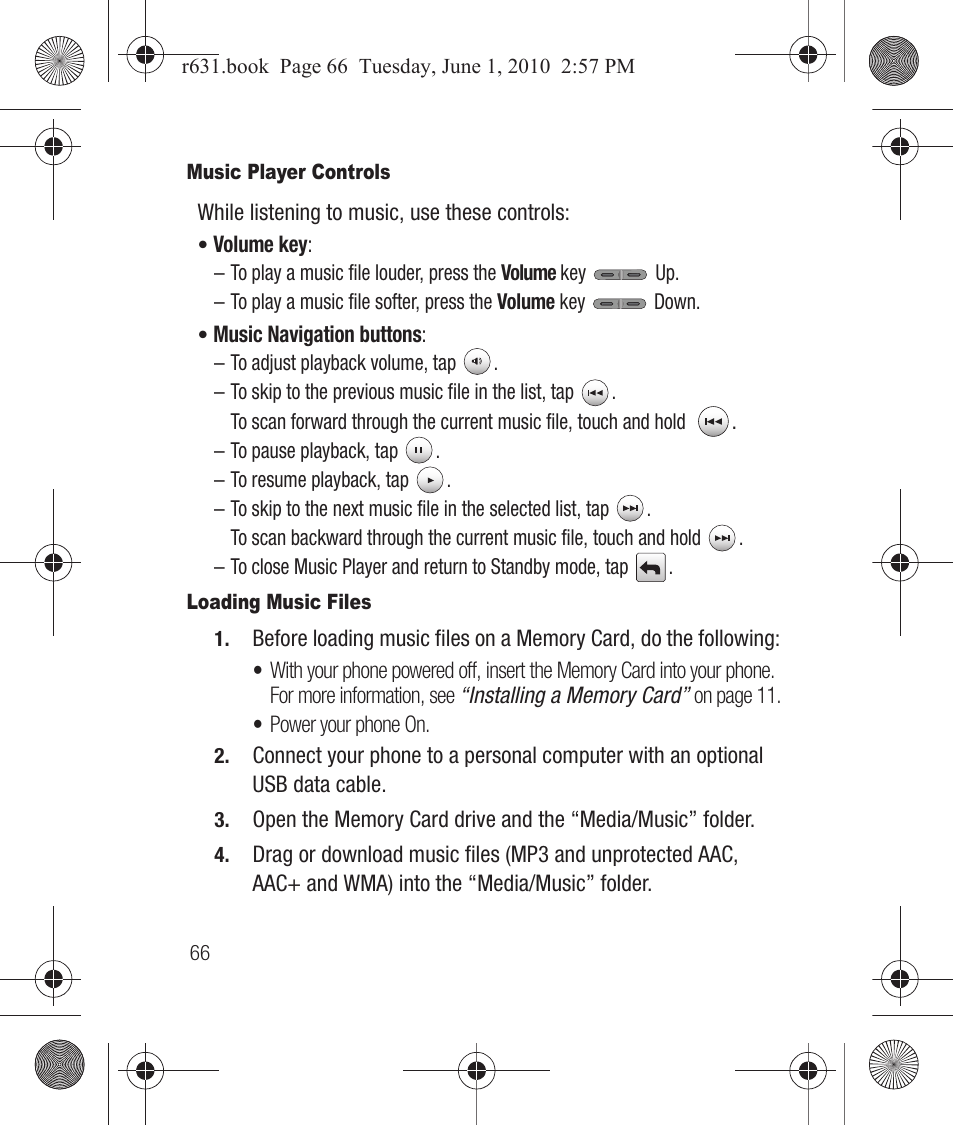 Music player controls, Loading music files | Samsung SCH-R631LBAXAR User Manual | Page 70 / 165