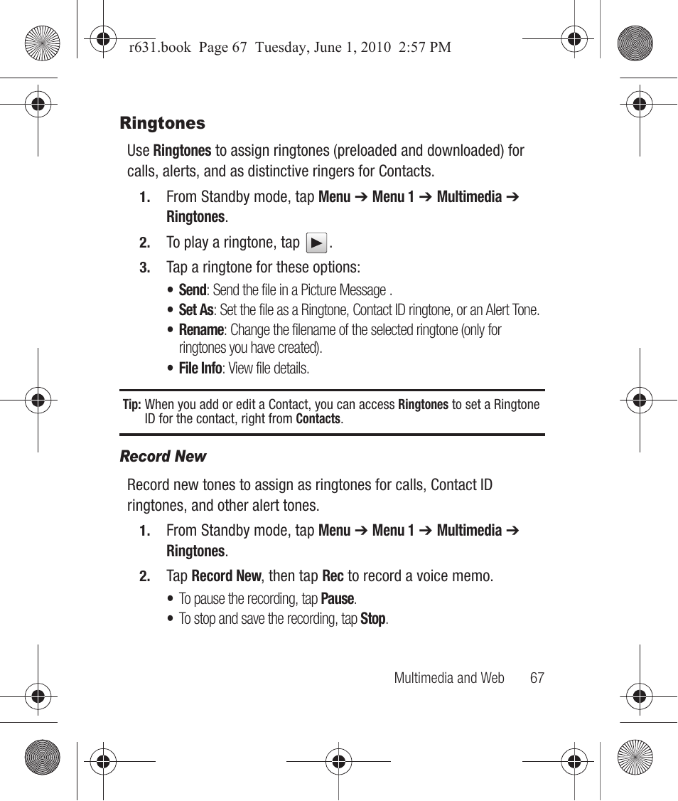 Ringtones, Record new | Samsung SCH-R631LBAXAR User Manual | Page 71 / 165