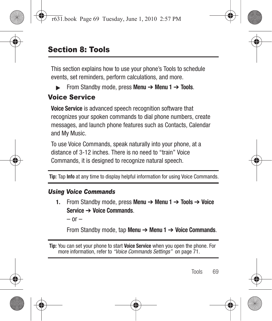 Section 8: tools, Voice service, Using voice commands | Samsung SCH-R631LBAXAR User Manual | Page 73 / 165