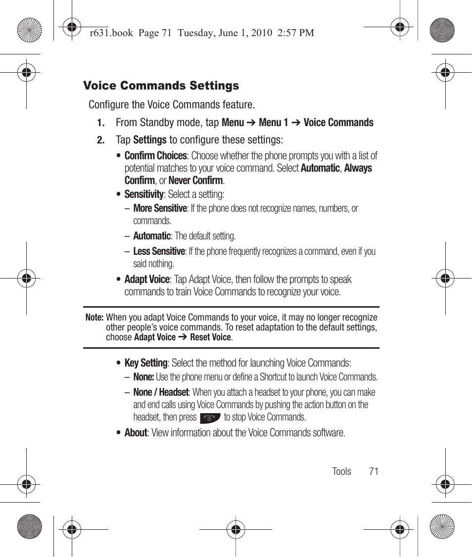 Voice commands settings | Samsung SCH-R631LBAXAR User Manual | Page 75 / 165