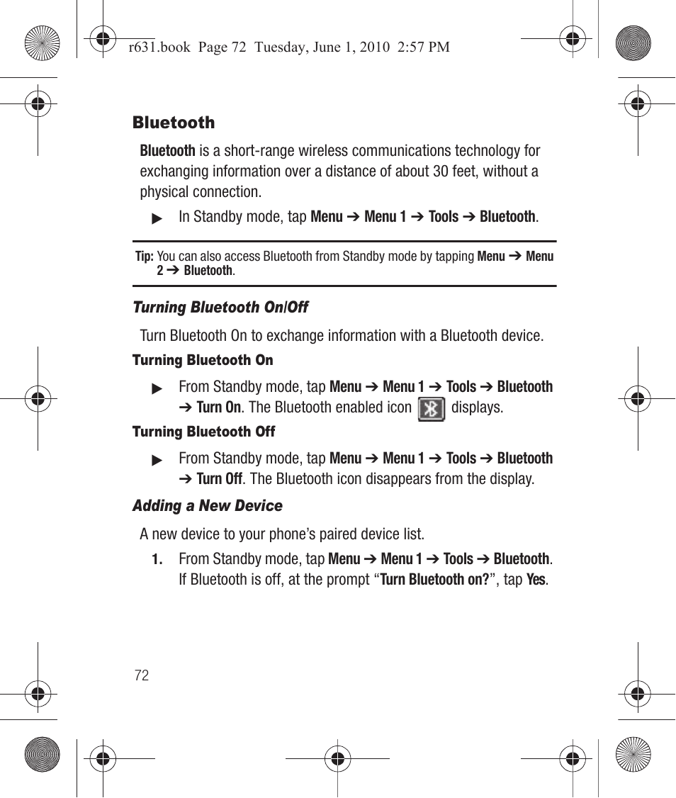 Bluetooth, Turning bluetooth on/off, Turning bluetooth on | Turning bluetooth off, Adding a new device | Samsung SCH-R631LBAXAR User Manual | Page 76 / 165