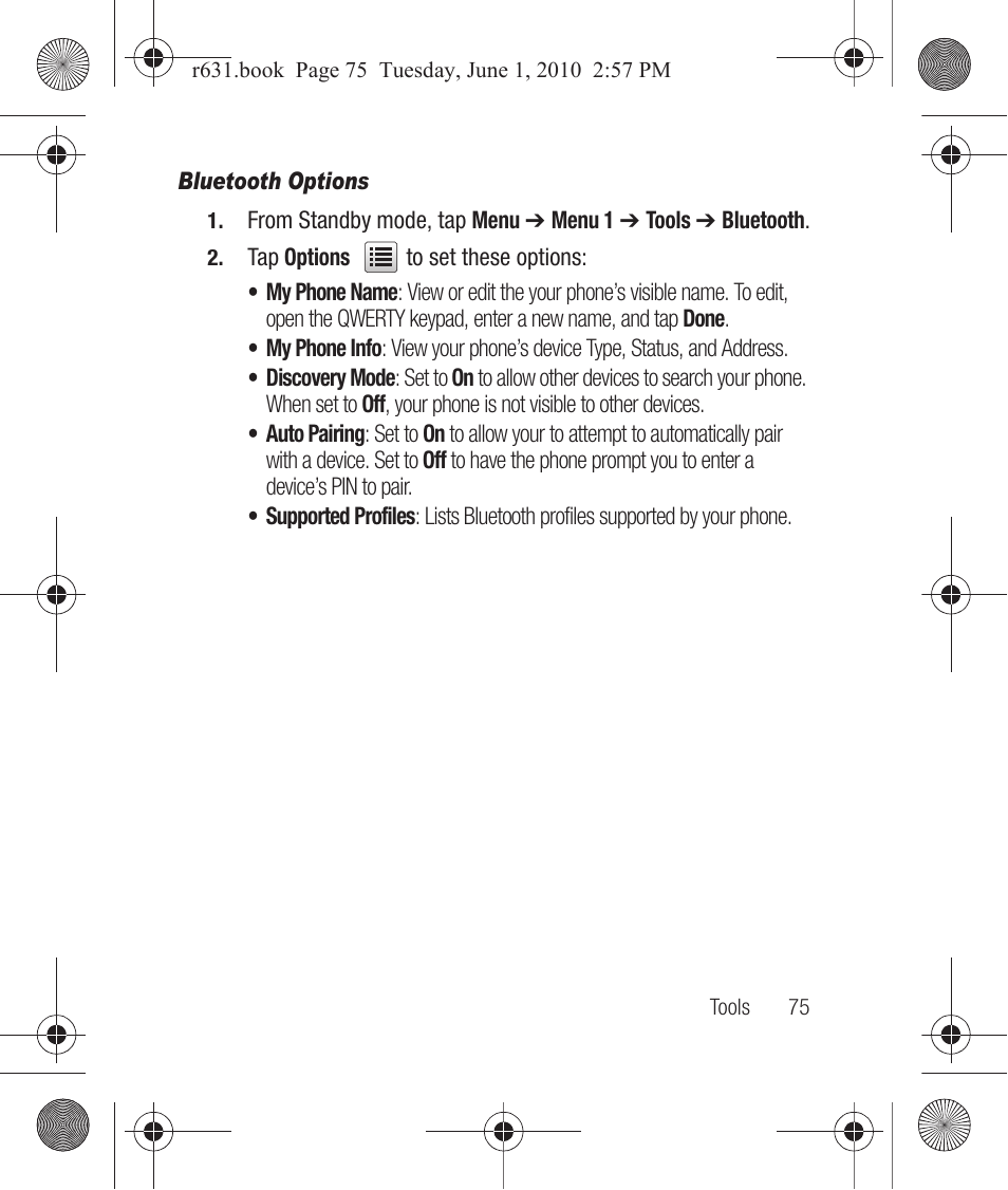 Bluetooth options | Samsung SCH-R631LBAXAR User Manual | Page 79 / 165