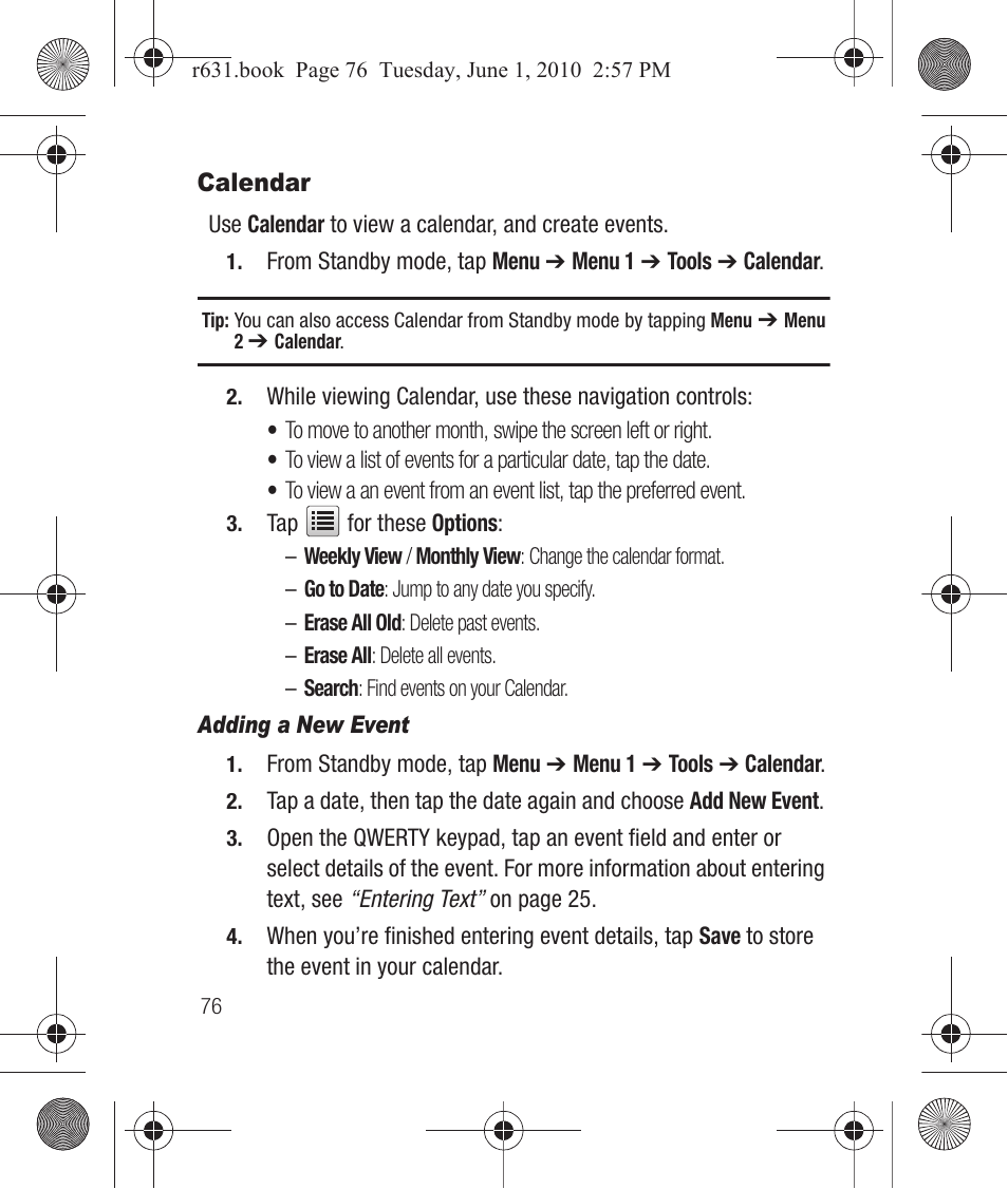 Calendar, Adding a new event | Samsung SCH-R631LBAXAR User Manual | Page 80 / 165