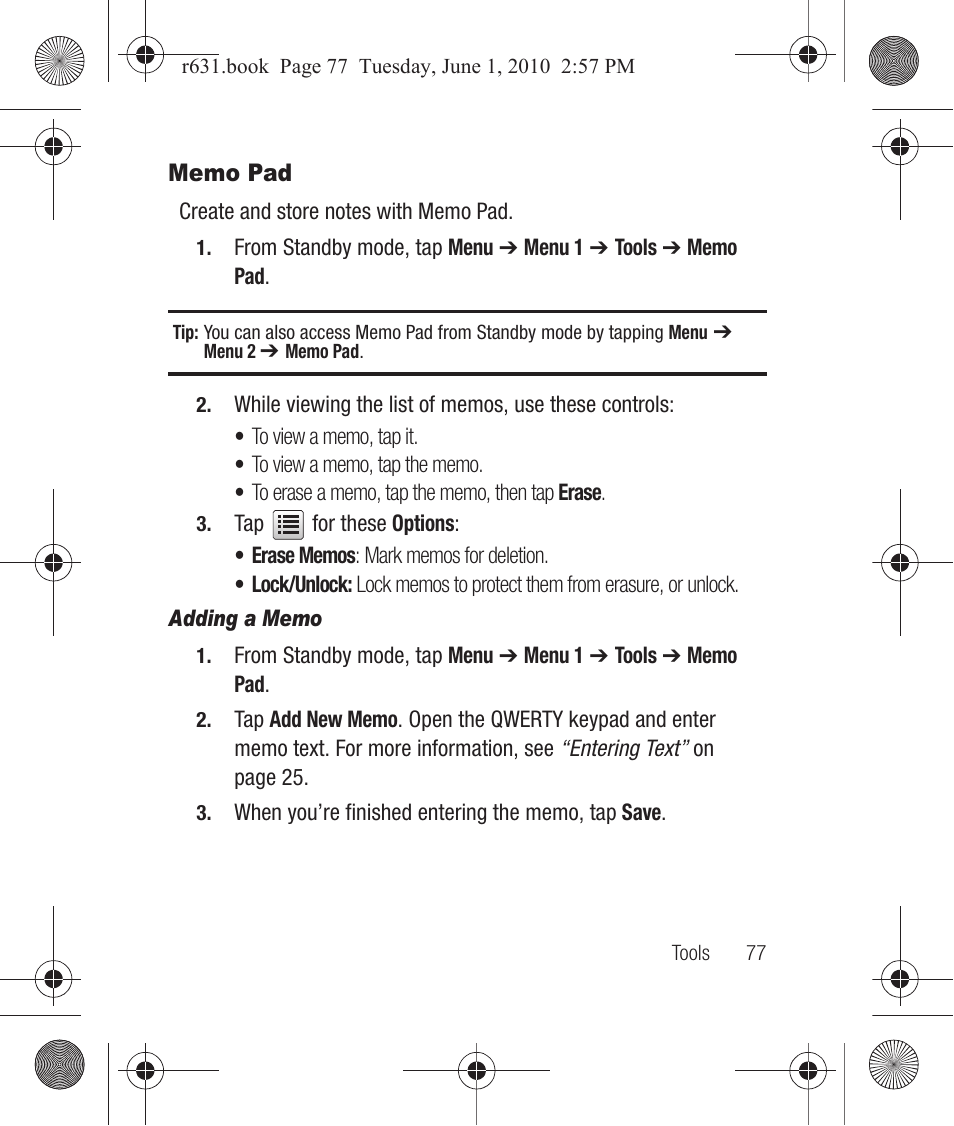 Memo pad, Adding a memo | Samsung SCH-R631LBAXAR User Manual | Page 81 / 165