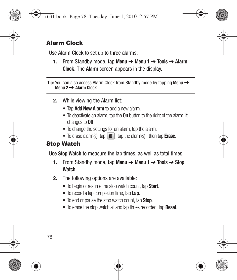 Alarm clock, Stop watch, Alarm clock stop watch | Samsung SCH-R631LBAXAR User Manual | Page 82 / 165