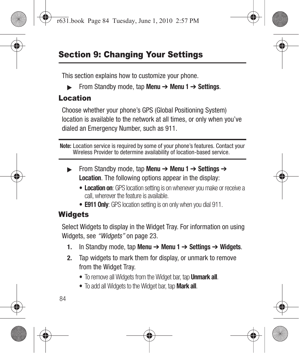 Section 9: changing your settings, Location, Widgets | Location widgets | Samsung SCH-R631LBAXAR User Manual | Page 88 / 165