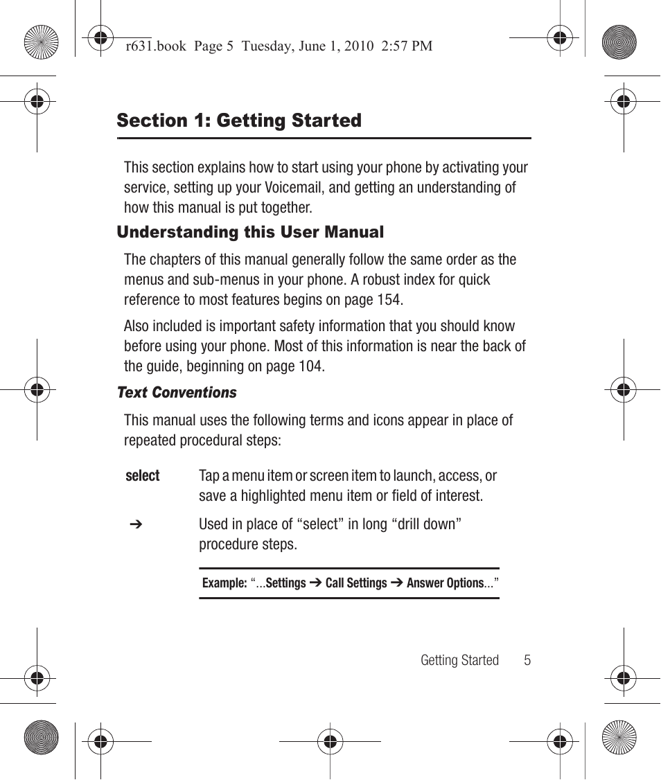 Section 1: getting started, Understanding this user manual, Text conventions | Samsung SCH-R631LBAXAR User Manual | Page 9 / 165