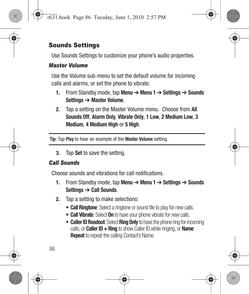 Sounds settings, Master volume, Call sounds | Samsung SCH-R631LBAXAR User Manual | Page 90 / 165