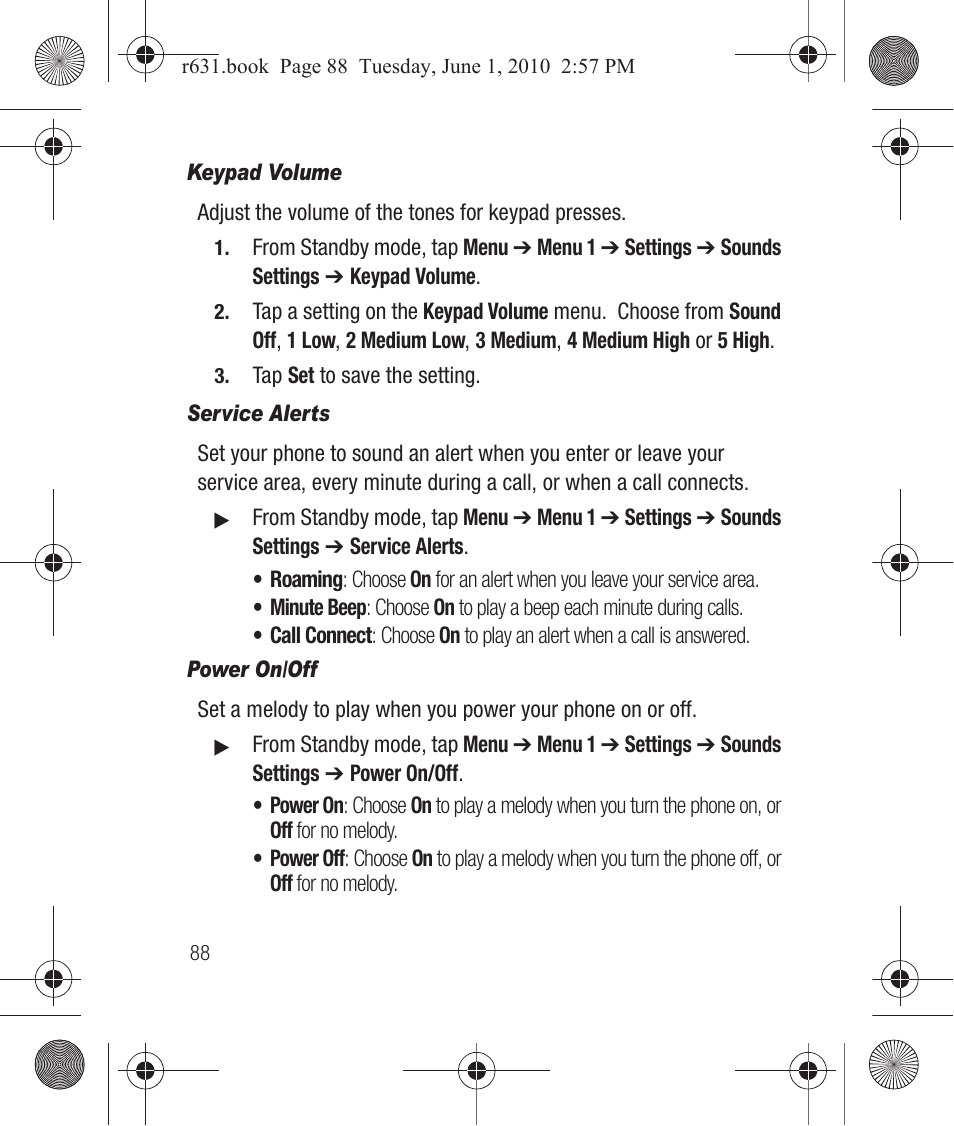 Keypad volume, Service alerts, Power on/off | Samsung SCH-R631LBAXAR User Manual | Page 92 / 165